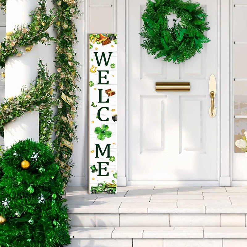 Seimip St. Patrick's Day Porch Sign Saint Patrick Wooden Welcome Sign For Front Door Shamrock Clover Home Decoration Vertical Sign For Patio Porch Standing Yard Sign for Indoor Outdoor Garden Wall - Image 2